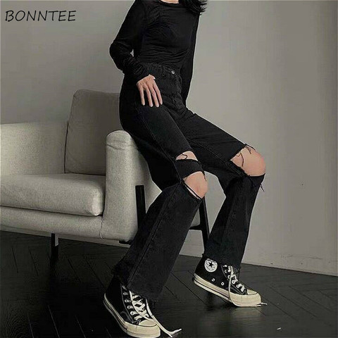 Jean en Denim pour femmes, Baggy surdimensionné, taille haute, troué, Streetwear, populaire, petit ami, pantalon droit coréen, tendance ► Photo 1/6