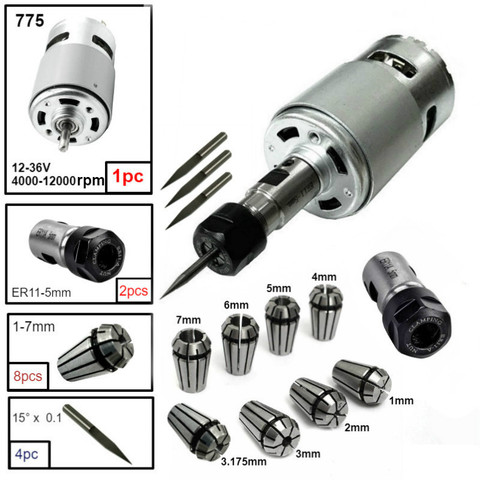 775 moteur à courant continu 12-36V roulement à billes moteur d'axe avec ER11 tige d'extension sculpture couteau pour CNC routeur Machine 1610/ 2417/ 3018 ► Photo 1/6