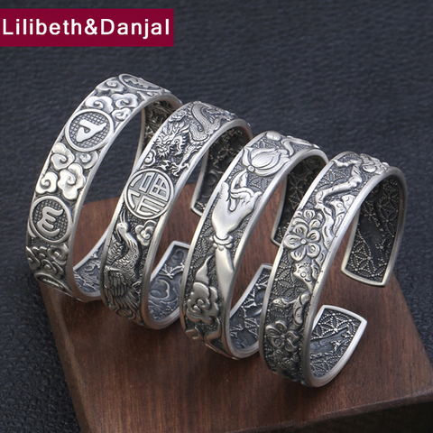 Bracelet d'ouverture en argent sterling 100% véritable S999 pour hommes et femmes, bouddha Mantra, Lotus, Dragon Phoenix, bijou avec ouverture, Bracelet B2 925 B2 ► Photo 1/6