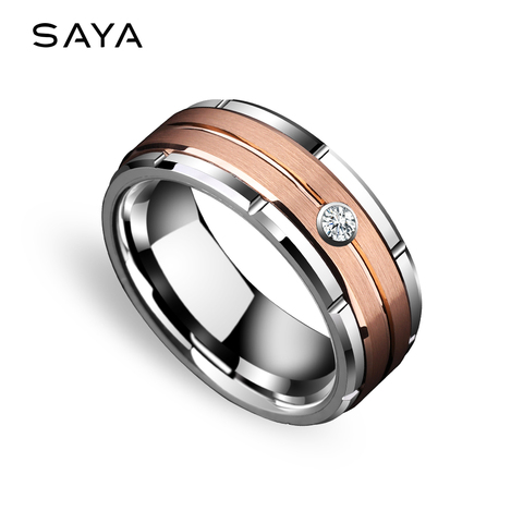 Vente chaude 8mm tungstène anneaux de mariage pour homme femme plaqué or Rose brossé finition avec pierre de zircon cubique blanc ► Photo 1/6