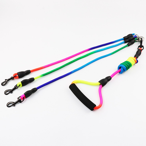 Nouveau arc-en-ciel Multi chiens laisse Nylon détachable pour animaux de compagnie plomb mousse poignée 1 laisse pour 2 ou 3 ou 4 chiens ronde Traction corde chien fournitures ► Photo 1/6