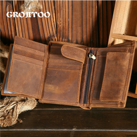 GROJITOO – portefeuille en cuir de cheval fou pour hommes, sac court multi-cartes, en cuir véritable, grande capacité, porte-monnaie Vintage pour hommes ► Photo 1/6