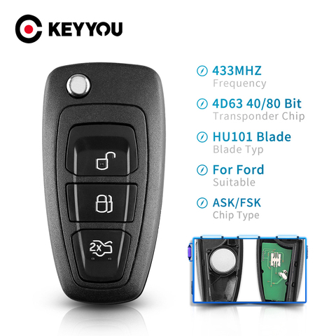 KEYYOU-clé à distance pour Ford Focus | Télécommande/FSK 3 boutons rabattable pour Ford Focus Mondeo c-max s-max Fiesta 2013 + HU101 434Mhz 4D63, puce ► Photo 1/6