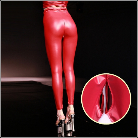 Pantalon Slim en Faux cuir PU pour femmes, Sexy, rouge, Leggings à entrejambe ouvert, taille haute, fermeture éclair Invisible, noir, personnalisé ► Photo 1/6