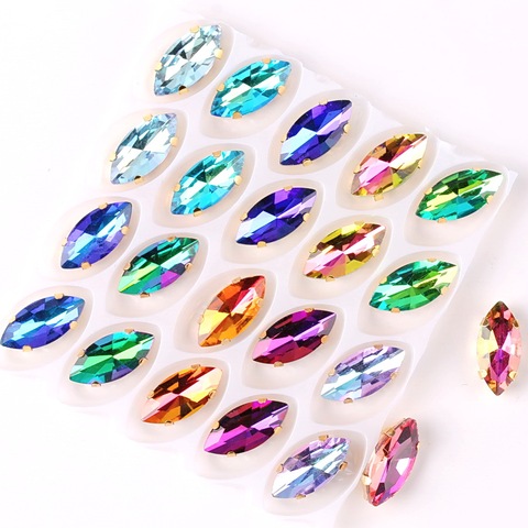 Navette forme or griffe paramètres 20 pcs/p arc-en-ciel couleur verre cristal 7*15mm coudre sur strass cheval oeil cristaux sacs bricolage garniture ► Photo 1/6