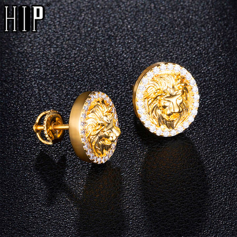 Hip HOP – boucles d'oreilles en cuivre pour hommes, 1 paire, Zircon, Micro pavé, Lion glacé, strass, pierre CZ ronde, Bling, bijoux ► Photo 1/6