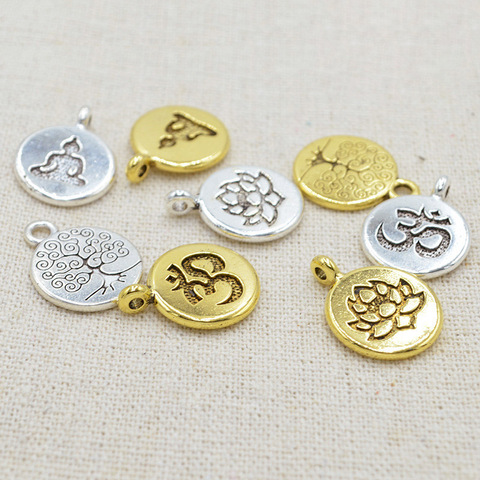 10 pièces/lot artisanat classique Double taille gravé breloques 15mm Lotus/arbre de vie bouddhisme prière métal pendentifs bijoux à bricoler soi-même faisant ► Photo 1/3