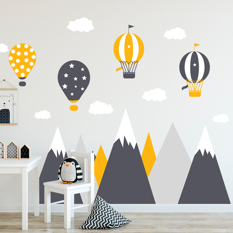 Autocollants muraux en PVC amovibles, grandes montagnes, ballons d'air chaud, nuages, garçons, bébé, affiches d'art pour chambre à coucher, décoration de maison ► Photo 1/6