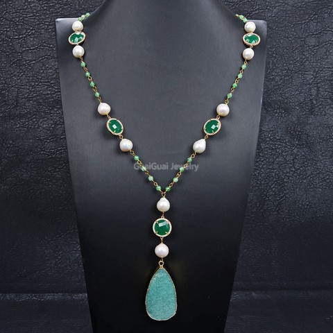 GG Jewelry-collier en perles Keshi roses, vert, Jade, cristal, pendentif Amazonite naturel, 31 pouces ► Photo 1/3