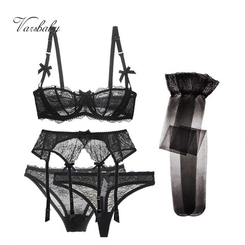 Varsbaby sexy dentelle 5 pièces soutiens-gorge + jarretières + culottes + tongs + bas sous-vêtements noir/rose/blanc ensemble de soutien-gorge ► Photo 1/6