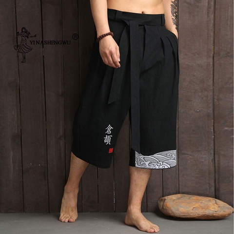 Kimono japonais pantalons traditionnels hommes vêtements asiatiques pantalon de bain décontracté ample mâle japon Style Yukata pantalon lin pantacourt ► Photo 1/6