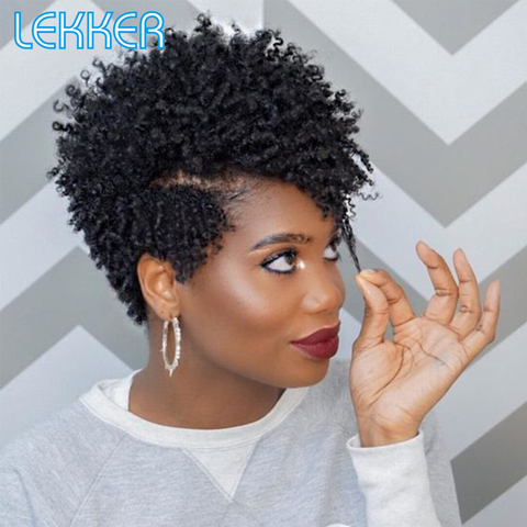 Lekker bouclés cheveux humains perruques pour les femmes noires coupe de lutin perruques Afro crépus bouclés perruque brésilienne Remy cheveux courte partie perruque avec frange ► Photo 1/6