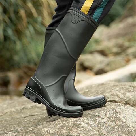 Bottes en cuir à barreled adultes simples de grande taille pour hommes imperméable à l'eau semelle souple en caoutchouc antidérapant couleur unie bottes de pluie au genou ► Photo 1/6