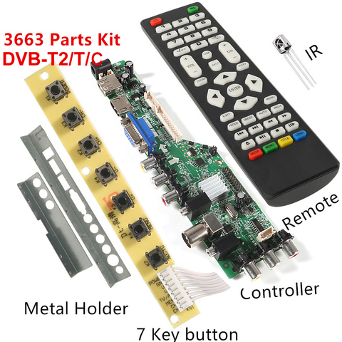 Carte pilote TV LCD V56 V59, DVB-T2 + 7 interrupteurs à clé + IR + 4 lampes onduleur + LVDS Kit 3663 ► Photo 1/6