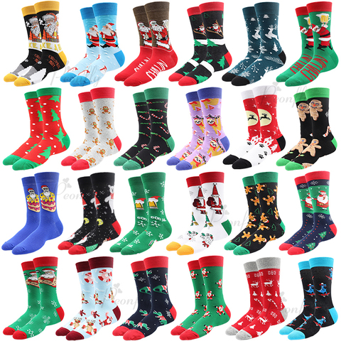 Chaussettes de noël PEONFLY nouveau coton coloré heureux hommes équipage chaussettes Harajuku Hip Hop drôle dessin animé père noël Biscuits ► Photo 1/6