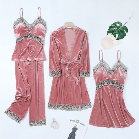 Automne nouveau velours Kimono Robe ensemble décontracté vêtements de nuit femmes 4 pièces peignoir Robe intime Lingerie Sexy velours Homewear ensemble de sommeil ► Photo 1/6