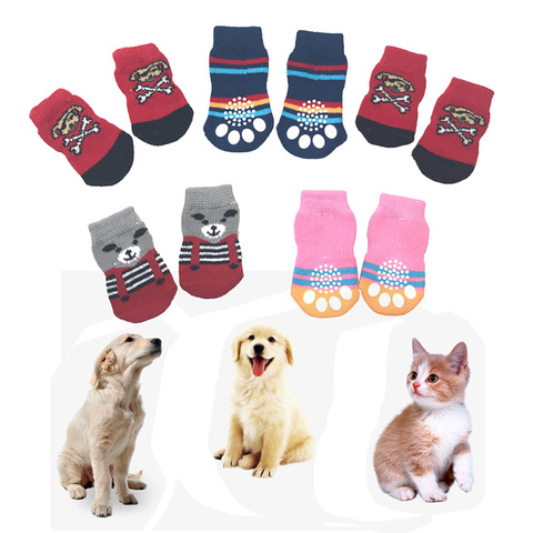 Chaussettes tricotées pour animaux de compagnie, 4 pièces/ensemble, chaussons pour petits chiens et chats, automne et hiver, antidérapants pour chiens, chaussons, protecteur de patte, couleur aléatoire ► Photo 1/6