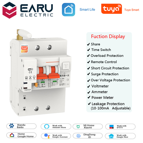 TUYA 2P 4P 10-63A 220V Smart WIFI disjoncteur interrupteur Protection contre les fuites consommation d'énergie kWh mètre voltmètre ampèremètre ► Photo 1/6