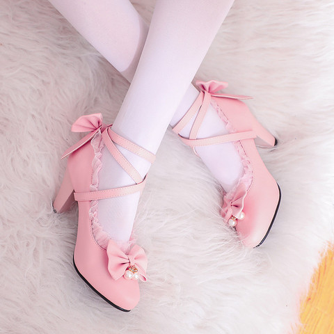 YQBTDL croix sangle femmes pointe talons hauts Mary Jane chaussures fête de mariage Cosplay blanc rose volants arc princesse Lolita pompes 43 ► Photo 1/6