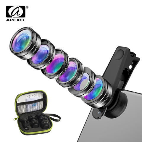 APEXEL universel 6 en 1 téléphone caméra Kit d'objectif objectif oeil de poisson grand Angle macro objectif CPL/StarND32 filtre pour presque tous les smartphones ► Photo 1/6