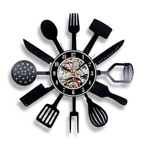 Horloge murale en vinyle, Design moderne, horloge décorative, couteau et fourchette de cuisine, horloge murale à suspendre, décoration pour la maison, silencieuse ► Photo 1/6