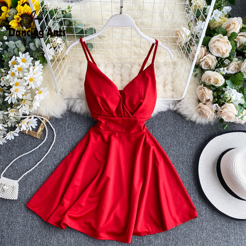 Femmes a-ligne robe Sexy col en v Spaghetti sangle dos nu Mini robes couleur unie Vestidos mince tendance 2022 taille haute pour la fête ► Photo 1/5