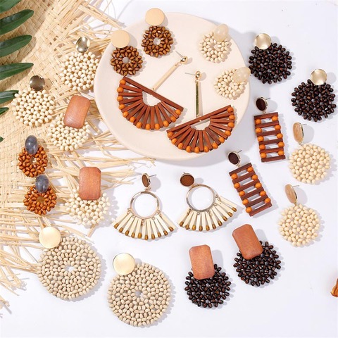 2022 mode Boho rond carré géométrique en bois boucles d'oreilles goutte pour les femmes bohème Vintage bois perlé boucle d'oreille bijoux cadeau ► Photo 1/6