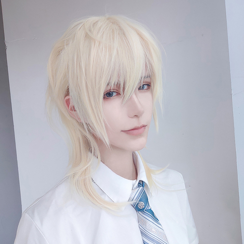 MEIFAN court Cosplay Lolita Anime perruque mâle cheveux raides haute température fibre synthétique longue queue de cheval lumière Blonde perruque pour hommes ► Photo 1/6