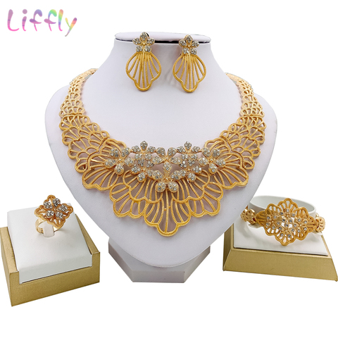 Liffly – ensemble de bijoux de mariage africain, collier, boucles d'oreilles, bague, Bracelet, bijoux en cristal, breloques en forme de fleur, à la mode ► Photo 1/6