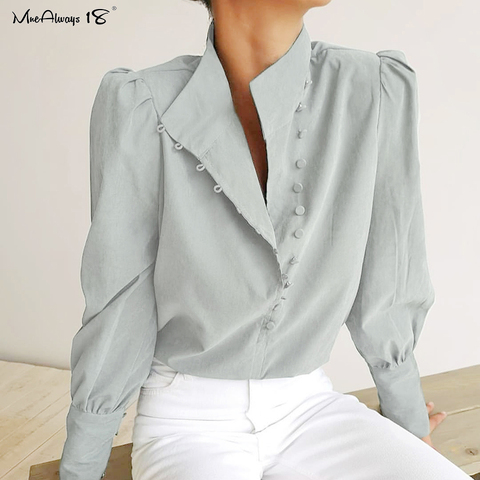 Mnealways18 col montant bureau Blouse femmes bouton décontracté dames manches bouffantes chemise blanc simple boutonnage haut printemps travail chemises ► Photo 1/6