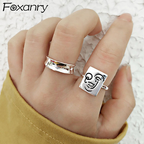 Foxanry 925 en argent Sterling Terndy anneaux pour les femmes Couples créatif drôle visage géométrique à la main doigt bijoux cadeaux de fête ► Photo 1/6