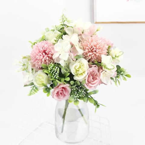 Hortensias en soie rose fleurs artificielles fleurs de mariage pour mariée main soie floraison pivoine fausses fleurs blanc décoration de la maison ► Photo 1/6