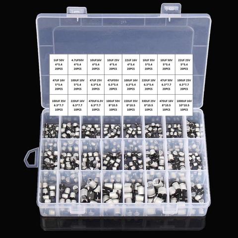 1uF ~ 1000uF 6.3V-50V 400 pièces 24 valeur SMD condensateurs électrolytiques en aluminium Kit d'assortiment + boîte ► Photo 1/3