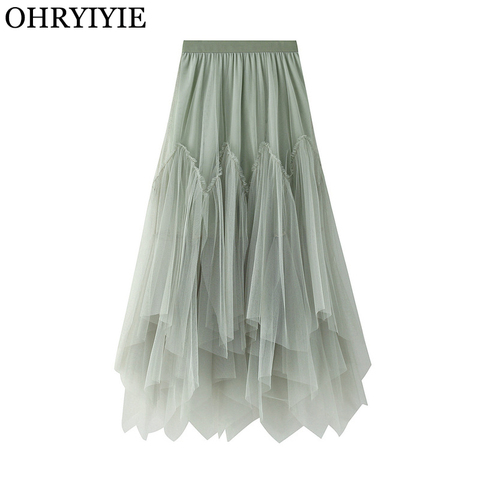 OHRYIYIE femmes irrégulières longues Tulle jupes dames taille haute cheville-longueur Tutu Maxi jupes Beige vert Femme Faldas Jupe Femme ► Photo 1/6