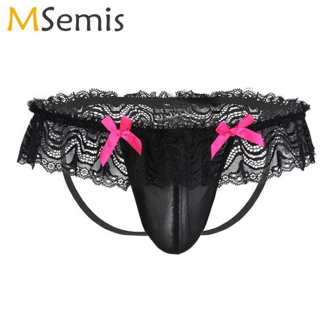 Culotte en maille transparente et dentelle pour homme, sous-vêtement érotique, avec nœud papillon, pour Gay, avec ouverture au niveau des fesses ► Photo 1/6