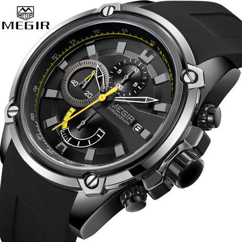 MEGIR mode hommes montre haut marque de luxe chronographe étanche Sport hommes montres Silicone automatique Date militaire montre-bracelet ► Photo 1/6