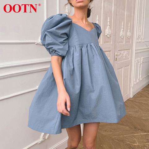 OOTN col carré Sexy été Mini robe à manches courtes femme taille haute noir en vrac une ligne femmes robe manches bouffantes bleu coton ► Photo 1/6