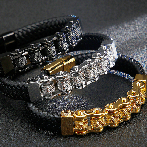 Bracelet en cuir véritable tressé pour hommes, chaîne de moto en acier inoxydable 316L, accessoires de vélo ► Photo 1/6