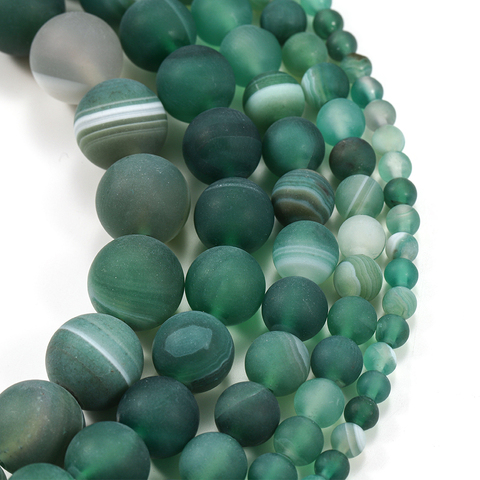 Perles d'agates rondes pour fabrication de bijoux, 1 brin/lot, bandes vertes mates, 4 6 8 10 12mm ► Photo 1/6