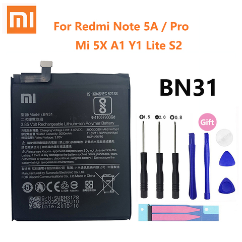 100% batterie de téléphone d'origine pour Redmi Note 5A Prime S2 batterie Xiaomi Mi 5X A1 Mi5X BN31 Bateria de remplacement 5A Pro Y1 MiA1 S2 ► Photo 1/5