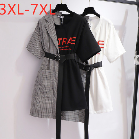 Mini robe à carreaux pour femmes, grande taille, manches courtes, ample, décontractée, faux deux pièces, 3XL, 4XL, 5XL, 6XL, 7XL, nouvelle collection été 2022 ► Photo 1/6