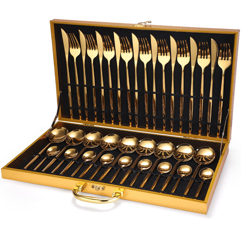 Ménagère de 24 pièces en acier inoxydable doré, ensemble de vaisselle, couteaux, fourchettes, cuillère, lot de couverts de luxe avec boîte en cadeau ► Photo 1/6