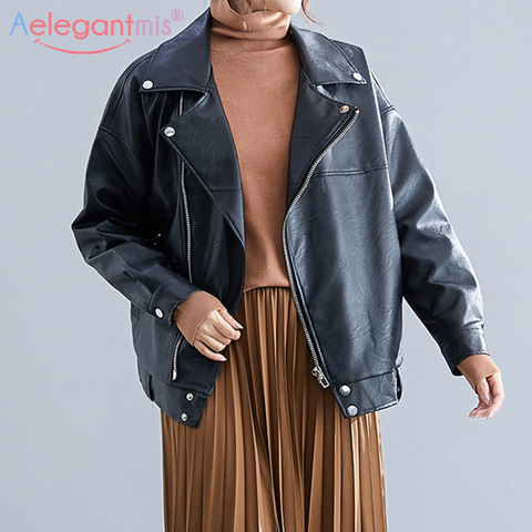 Aelegantmis – blouson en similicuir Pu femme, ample, à manches longues, Streetwear, avec fermeture éclair, à la mode coréenne ► Photo 1/6