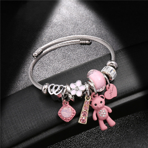 Bracelets en acier inoxydable pour femmes, bijoux à la mode, pendentif grand ours rose, cœurs d'amour, manchette, breloques ► Photo 1/6