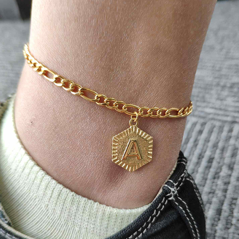 Bracelets de cheville avec initiales hexagonales pour femmes, bijoux en acier inoxydable doré, chaîne pour le pied, A-Z ► Photo 1/6