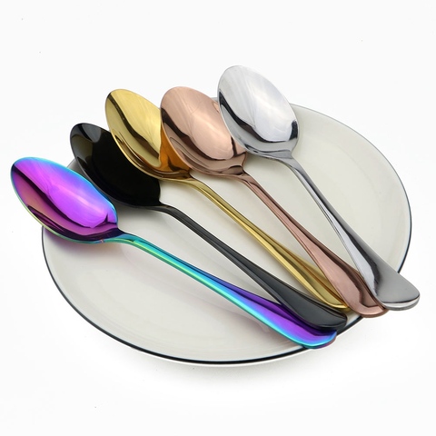 Service d'argenterie pour salade, cuillère à soupe de riz, cuillère à Dessert, service de cuillères à Dessert en acier inoxydable, couverts colorés arc-en-ciel noir, cuillère à thé, vaisselle ► Photo 1/5