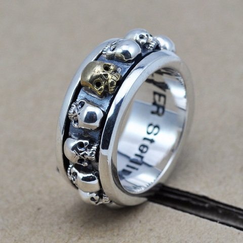 Bague pour hommes, argent Sterling S925, tête de mort rotative, rétro, Punk Rock, bijou fin Vintage ► Photo 1/4