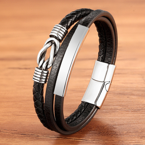 Bracelet en cuir véritable tressé pour hommes, corde, couleur or argent, breloque tendance en acier inoxydable, accessoires en gros, bijoux ► Photo 1/5