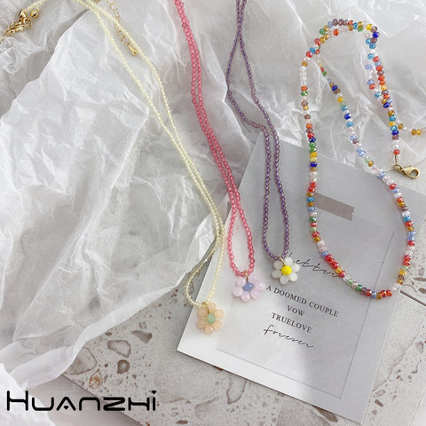 HUANZHI 2022 nouveau coréen doux mignon couleur acrylique papillon fleur pendentif collier de perles pour les femmes bijoux de fête ► Photo 1/6