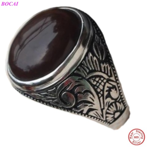 Bague en argent Sterling S925 pour hommes, en pierre naturelle circulaire brune, préfixe, style classique, en argent Sterling, bague pour hommes ► Photo 1/6